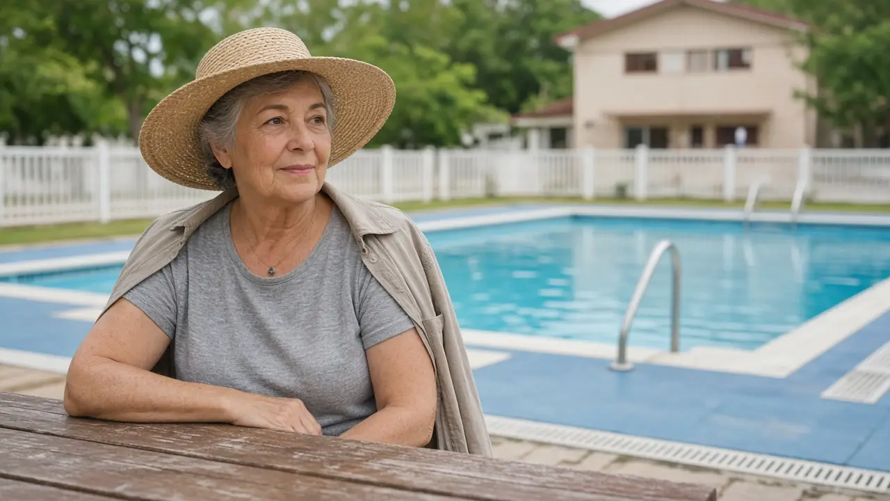 A woman about 66 sits at a picnic table beside a pool.