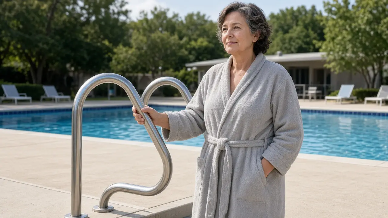 A woman about 58 stands by an outdoor pool ladder in a cover-up.