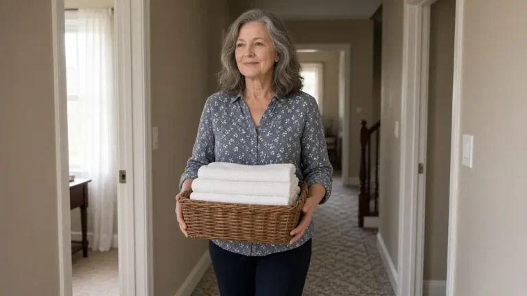 A woman in her early sixties carries a basket of plain towels down a hallway.