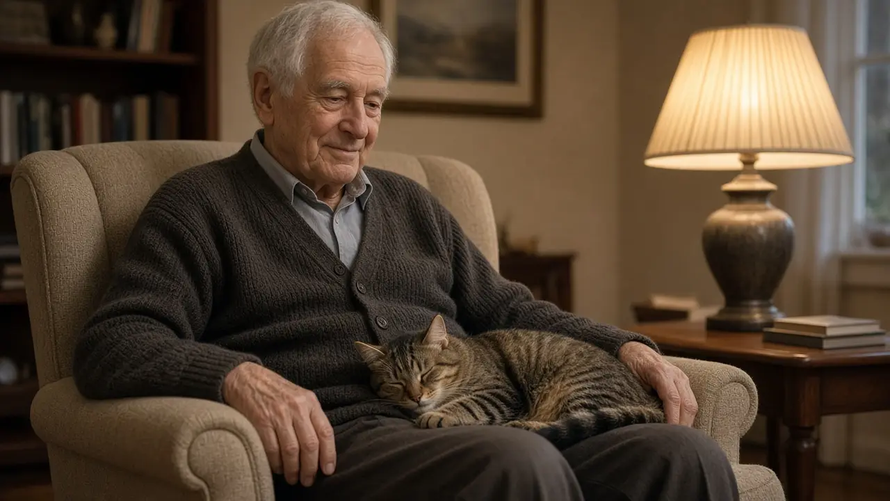 A man in his mid-seventies sits in a living-room chair with a tabby cat on his lap.