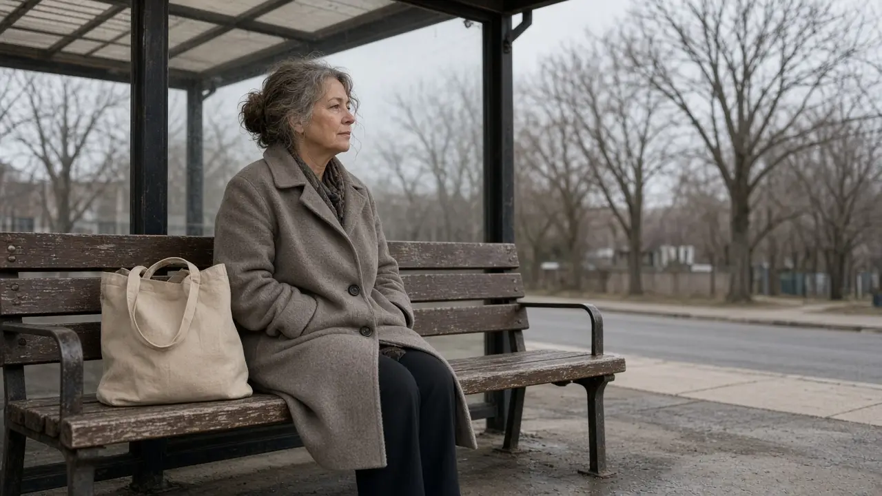 A woman in her mid-fifties waits on a bench at a small-town bus stop with a plain canvas tote.