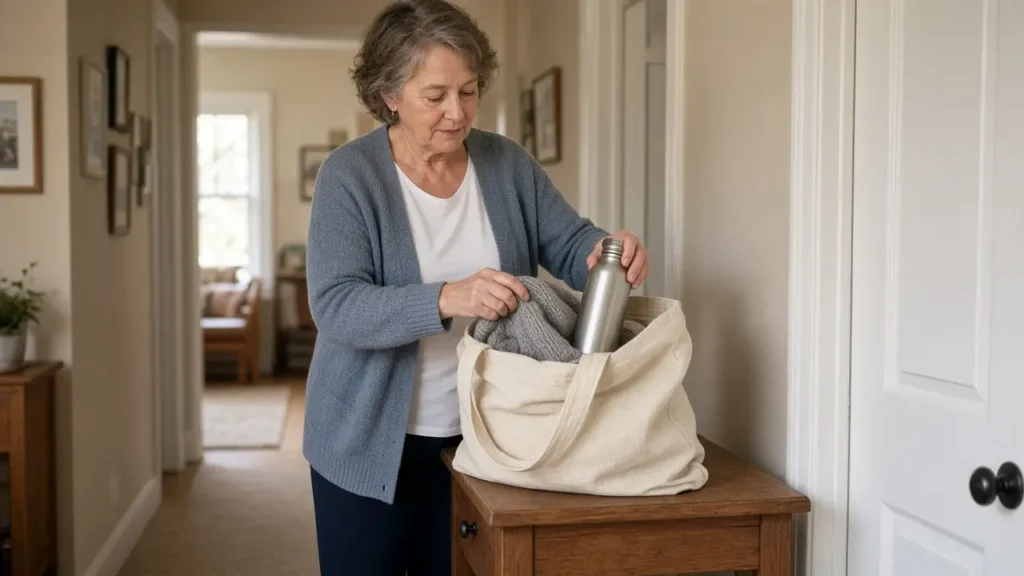 A woman in her early sixties packs a sweater and a water bottle into a canvas tote.