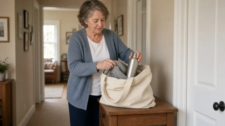 A woman in her early sixties packs a sweater and a water bottle into a canvas tote.