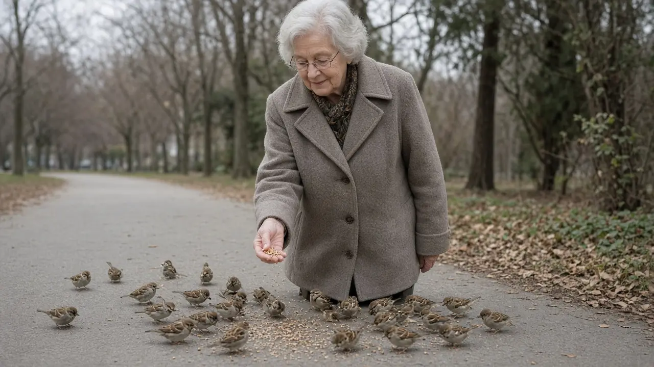 A woman about seventy-six scatters seed for birds from a park path.