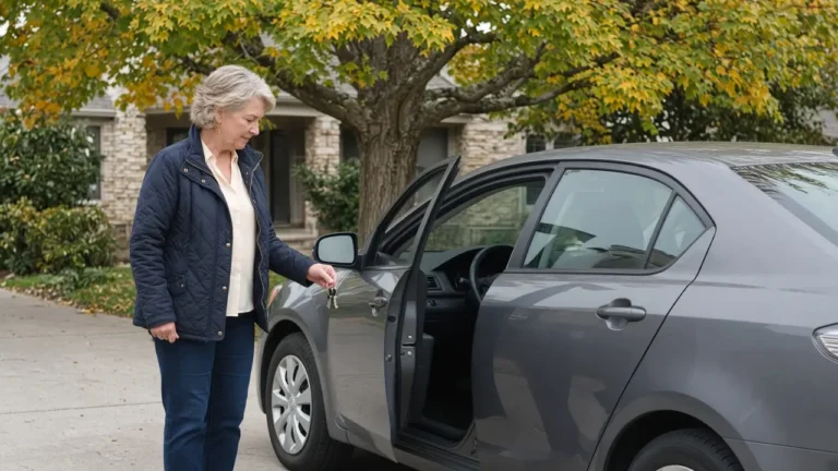 A woman about sixty opens the door of a plain sedan in a home driveway.