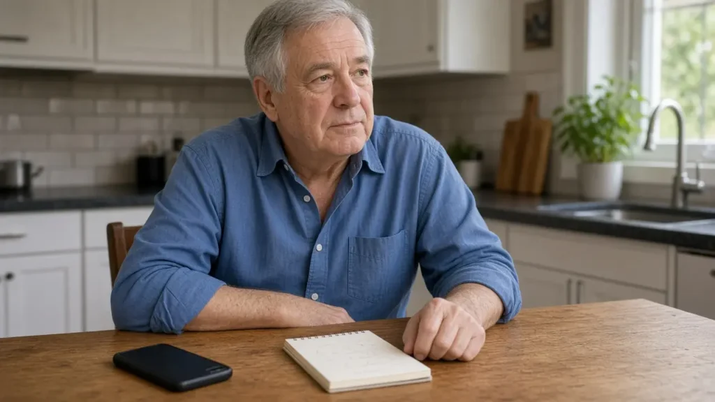 A gray-haired man sits at a kitchen table with a face-down phone and a notepad.