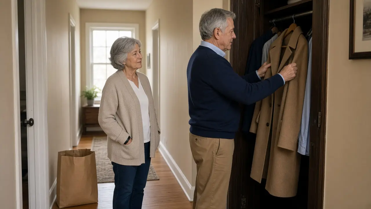 An older couple hangs a coat in a hallway beside a plain paper grocery bag.