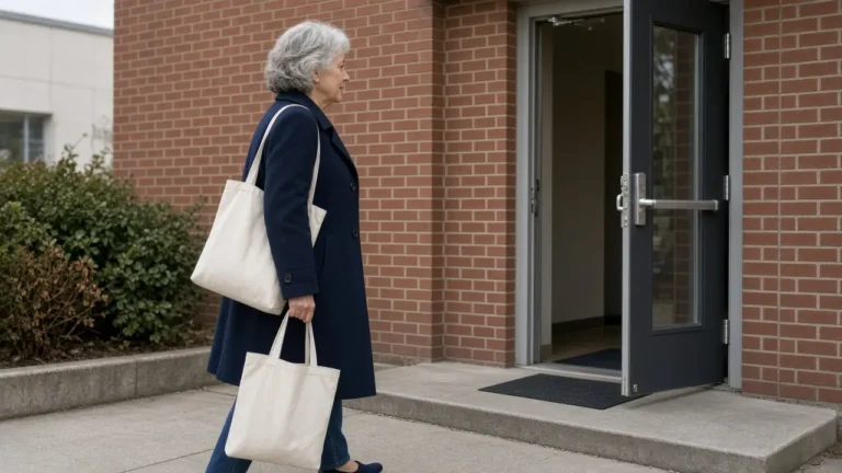 A woman about 64 walks toward the open door of a brick community building.