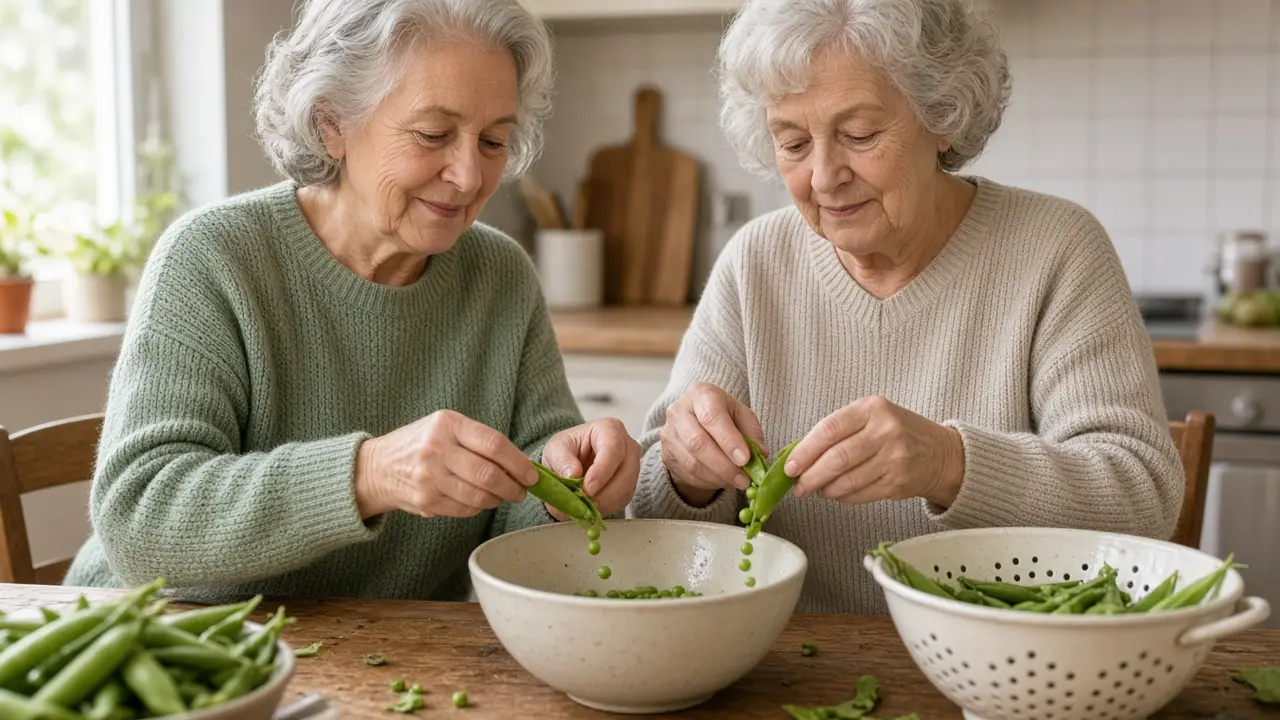 Two women in their late sixties and seventies shell peas at a kitchen table.