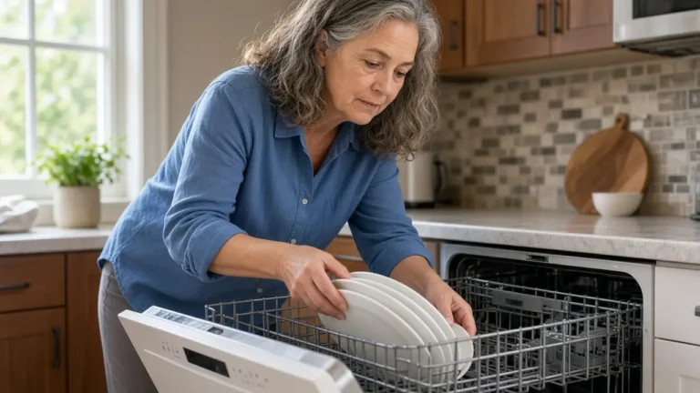 A woman about 58 loads plain white plates into a dishwasher.