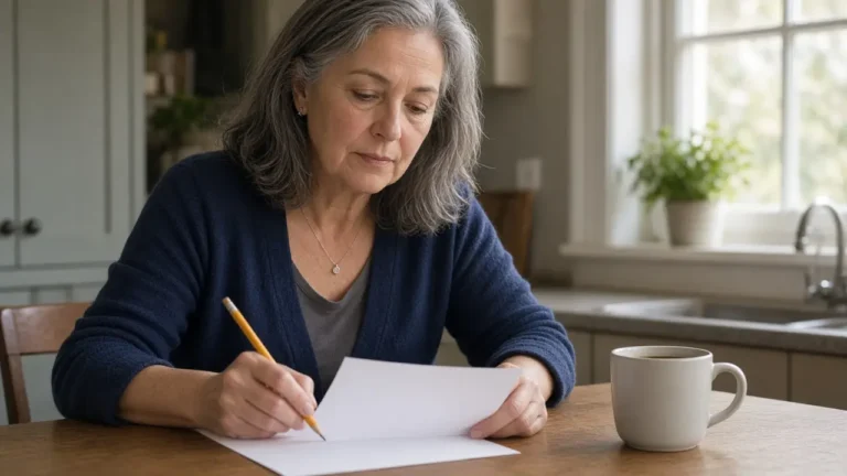 A woman about 57 sits at a kitchen table with a pencil and a blank sheet.
