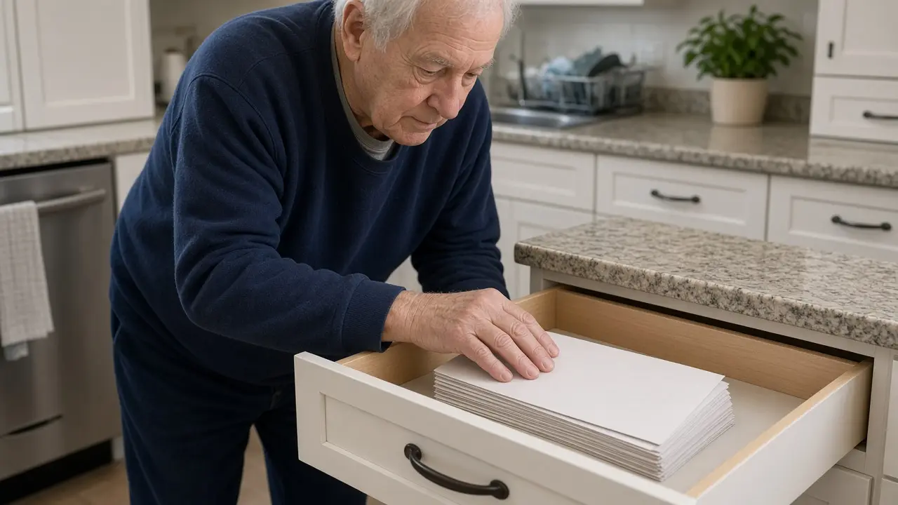 A man about 74 slides plain face-down envelopes into a kitchen drawer.