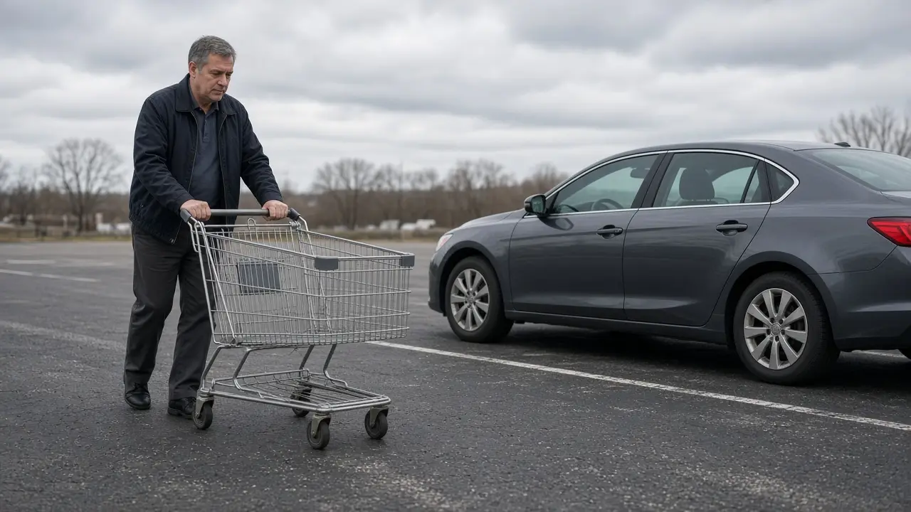 A man about 53 pushes an empty shopping cart toward a car in a parking lot.