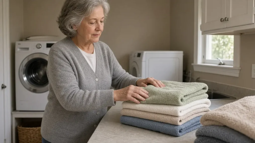 A woman about 68 folds bath towels on a laundry-room counter.