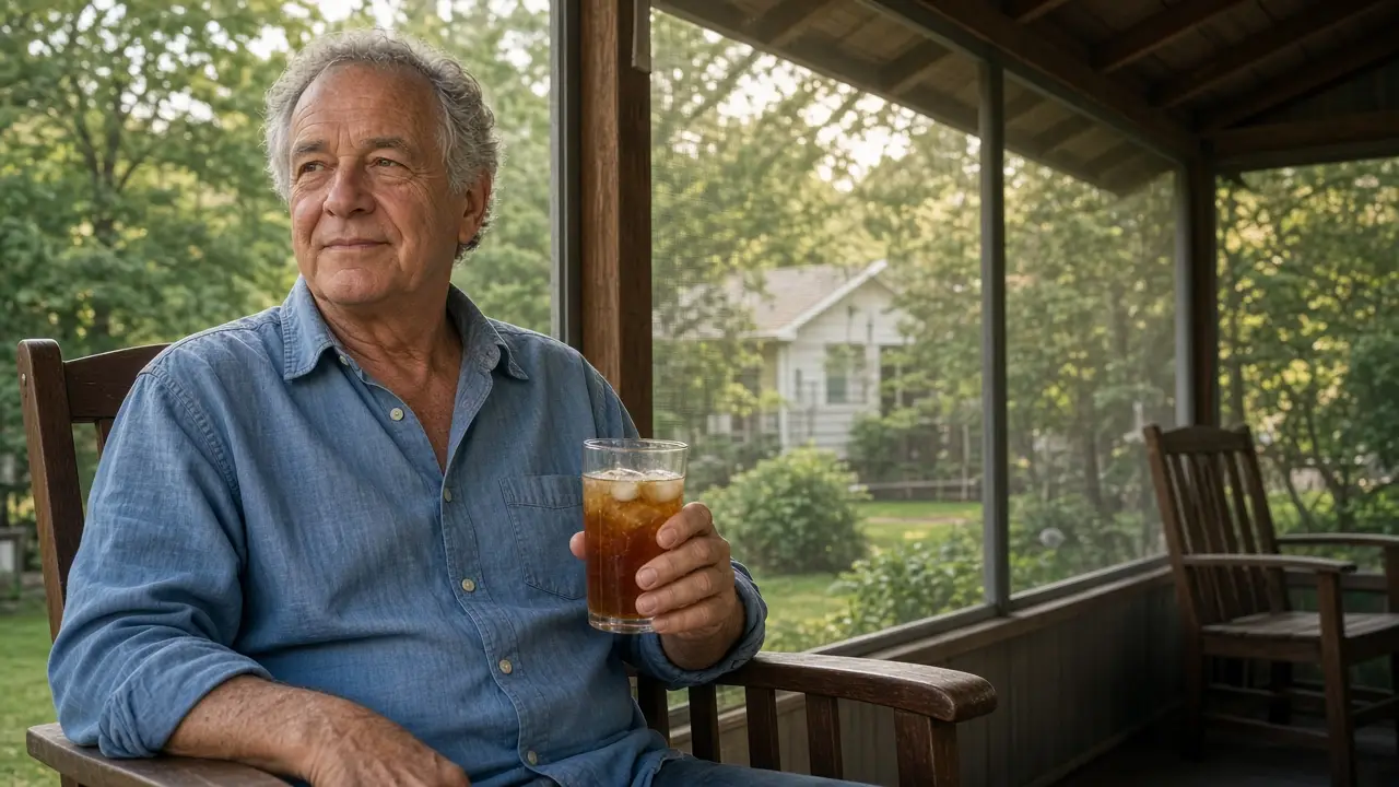 A man about 72 sits on a screened porch with a glass of iced tea.