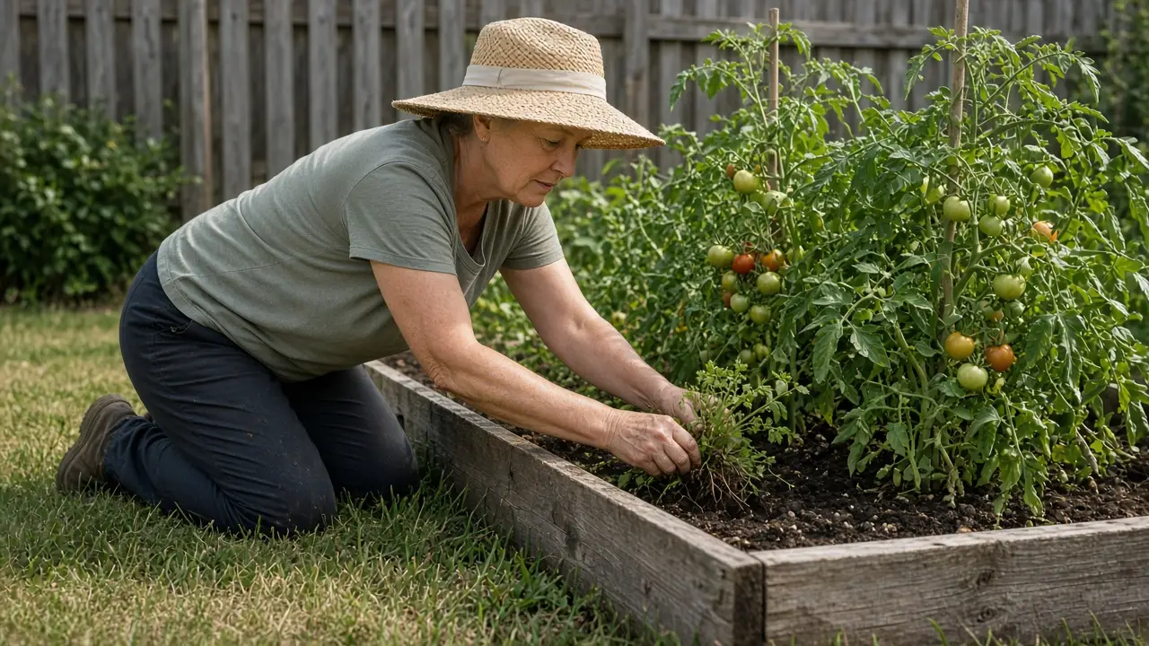 A woman about 61 kneels beside a raised garden bed, pulling weeds.