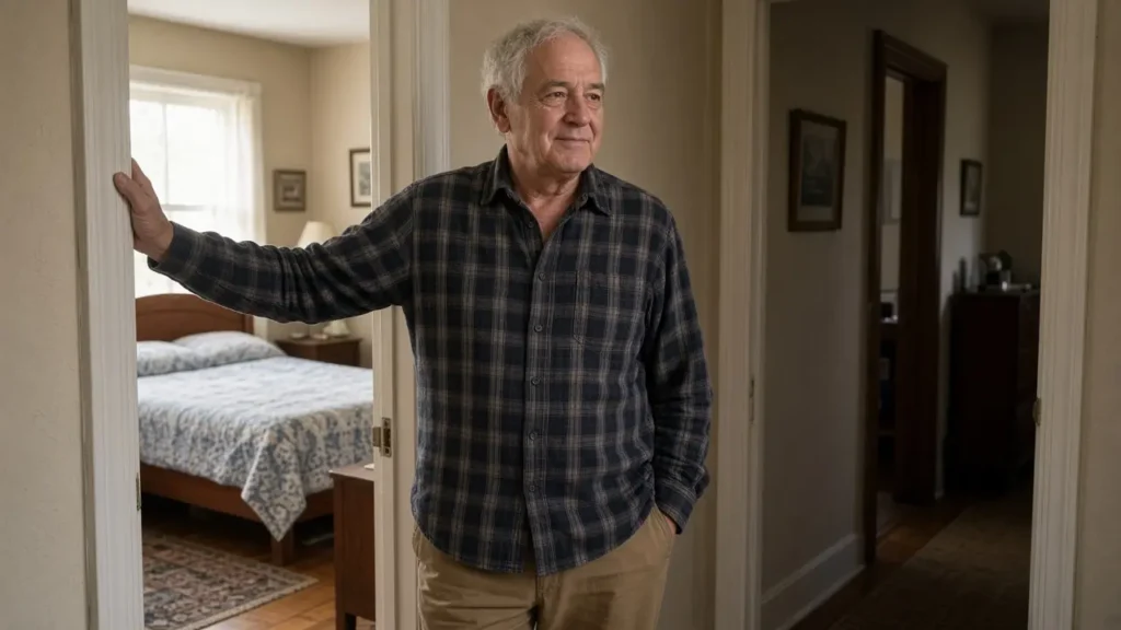 A man about 73 stands in a bedroom doorway in a flannel shirt.
