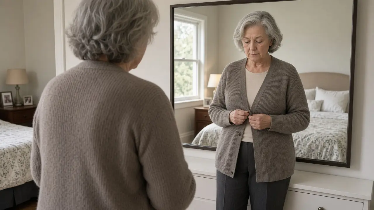 A woman about 69 buttons a cardigan in front of a mirror.