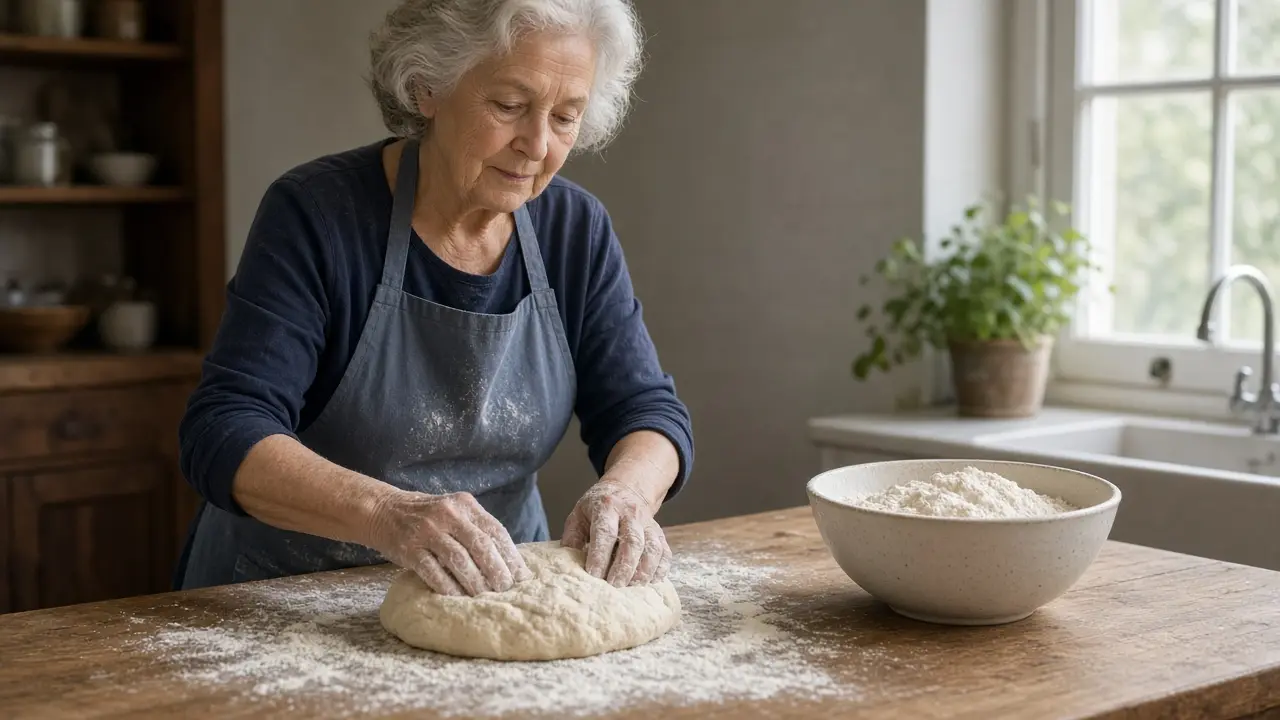 A woman about 73 kneads dough on a floured kitchen counter.