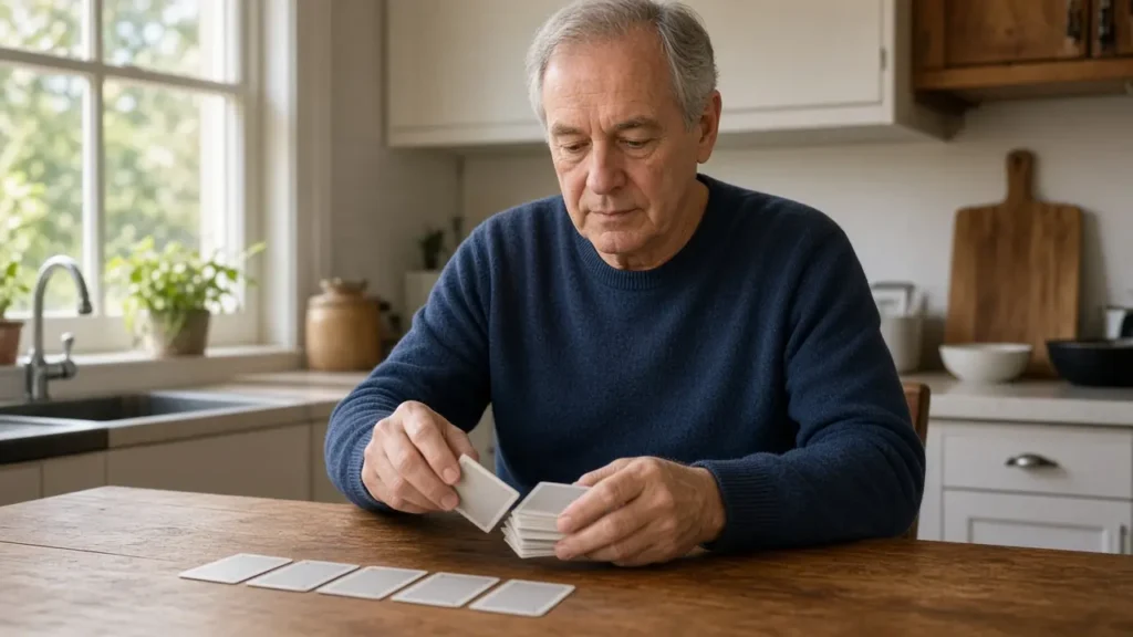 A man about 64 deals a hand of cards face down at a kitchen table.