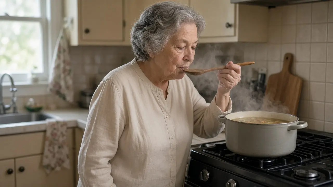 A woman about 73 stands at a stove and tastes soup from a wooden spoon.