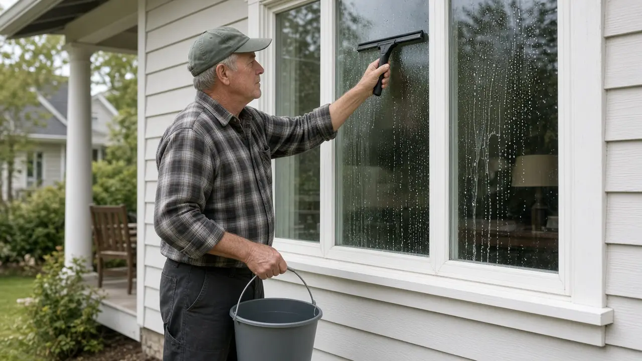 A man about 68 washes the outside of a living-room window with a squeegee.