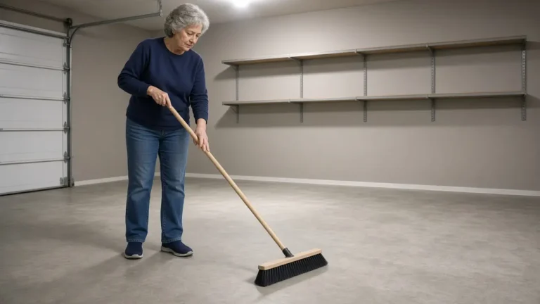 A woman about 68 sweeps a garage floor with a wide push broom.