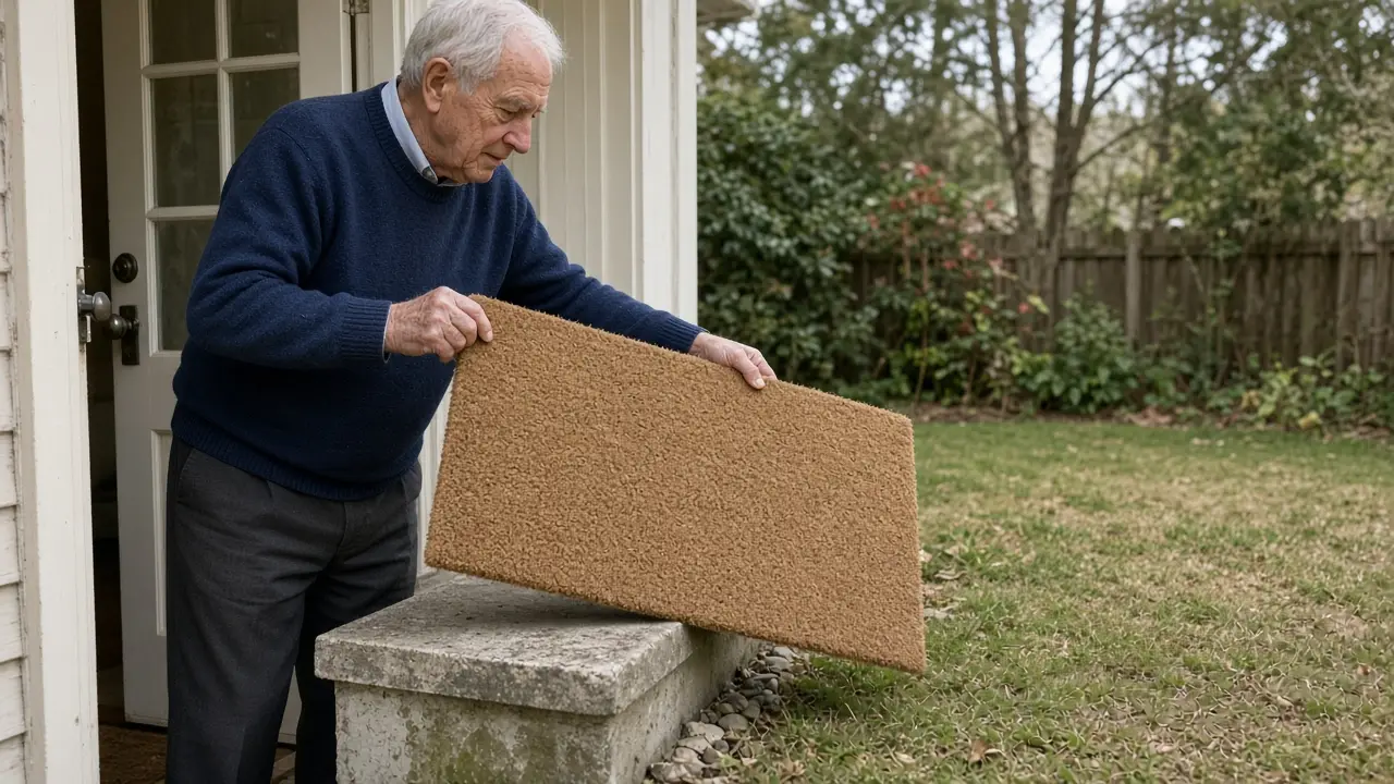 A man about 70 shakes a plain doormat outside a back door.