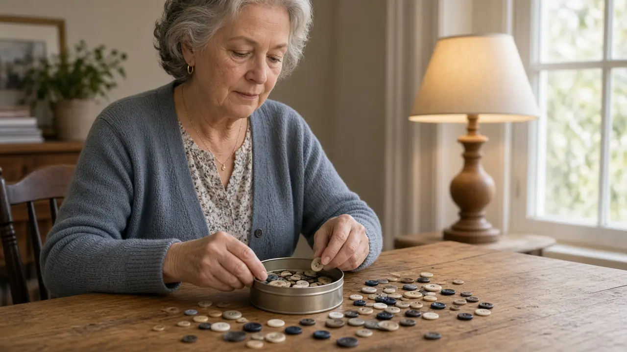 A woman about 63 sorts loose buttons into a small tin at a wooden desk.