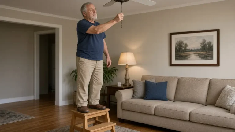 A man about 66 stands on a step stool and adjusts a ceiling-fan pull chain.