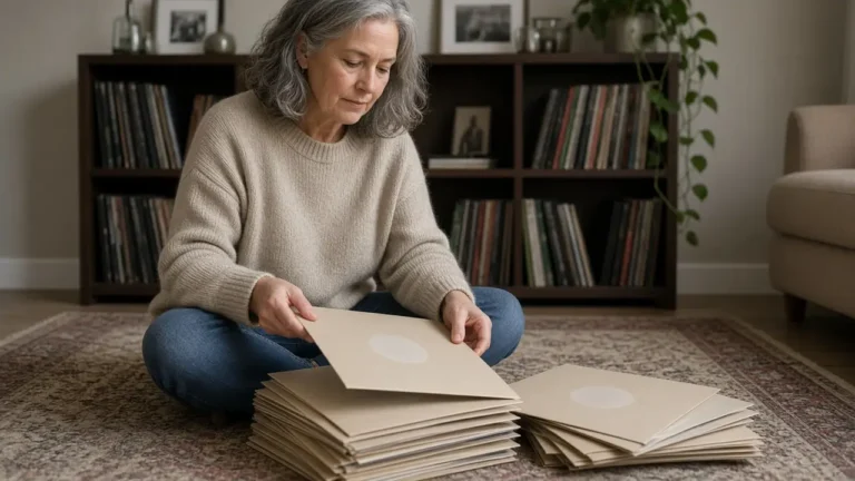A woman about 62 sits on a living-room floor sorting vinyl records with the labels turned away.