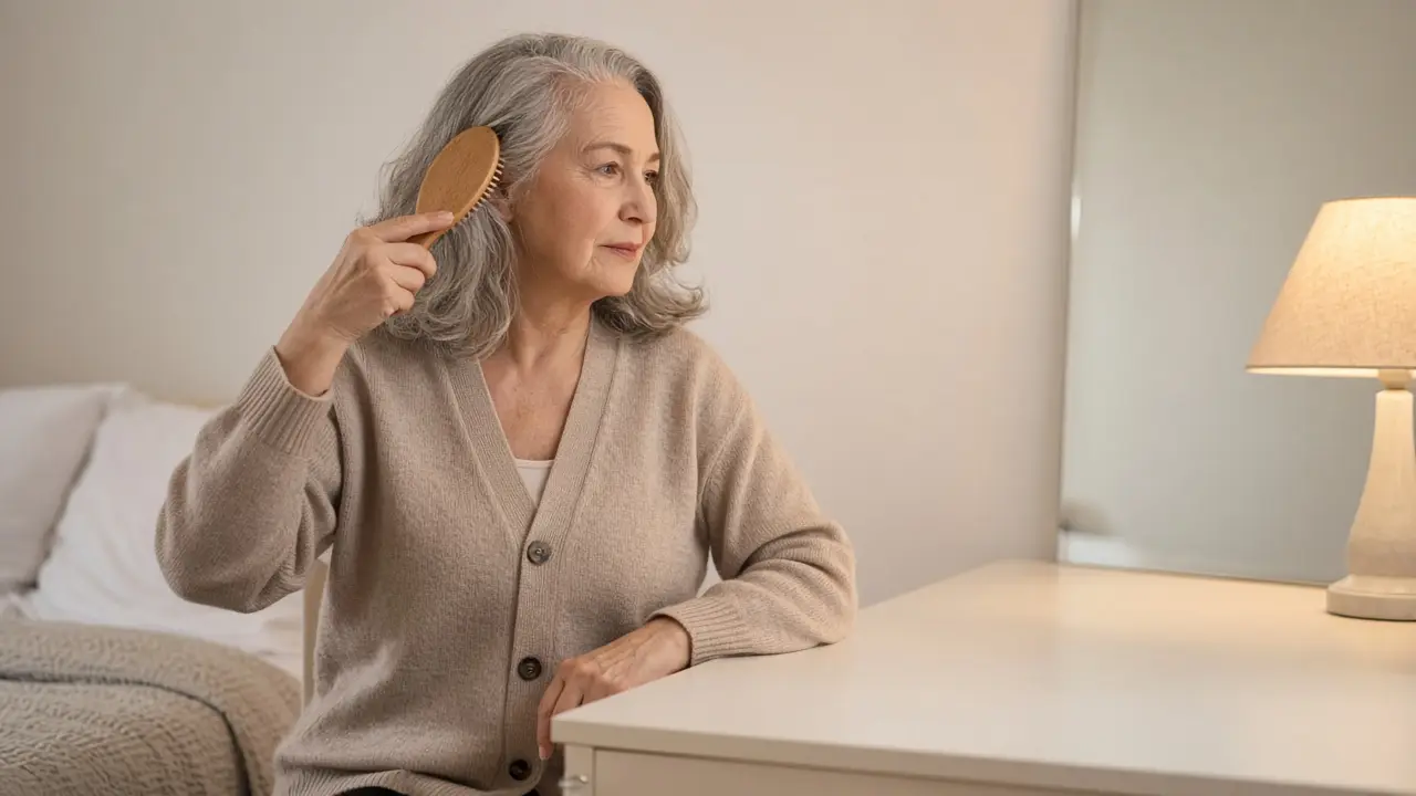 A woman about 69 brushes her hair at a bedroom vanity, wearing a cardigan and using a plain brush.