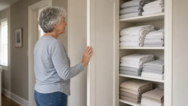 A woman about 69 opens a linen closet of folded plain sheets.