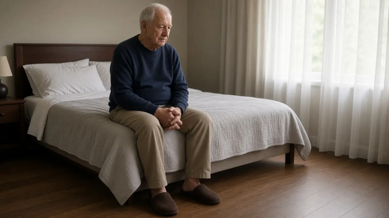 A man about 72 sits on the edge of a made bed in the morning.