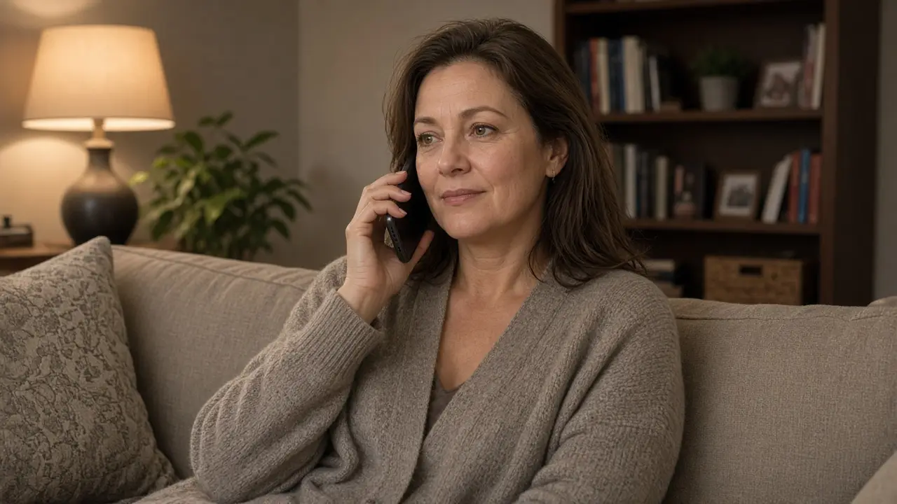 A woman about 51 sits on a sofa with a phone to her ear.