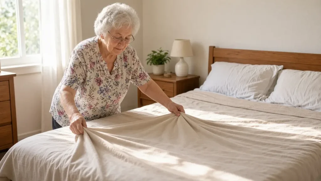 A woman with short white hair pulls a plain sheet across a bed.