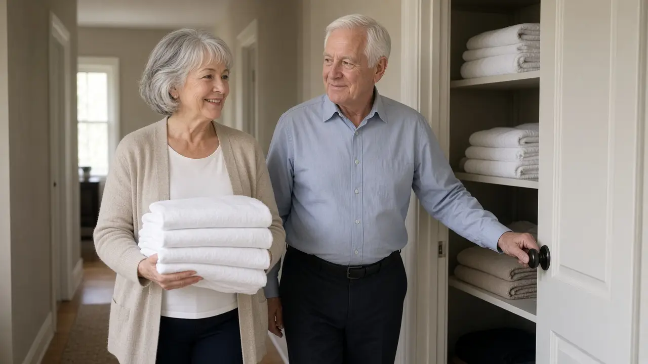 An older couple walks a hallway, one of them carrying folded plain linens.