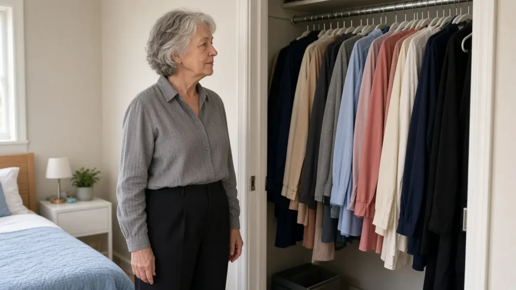 A woman about 68 stands at an open closet in black trousers.