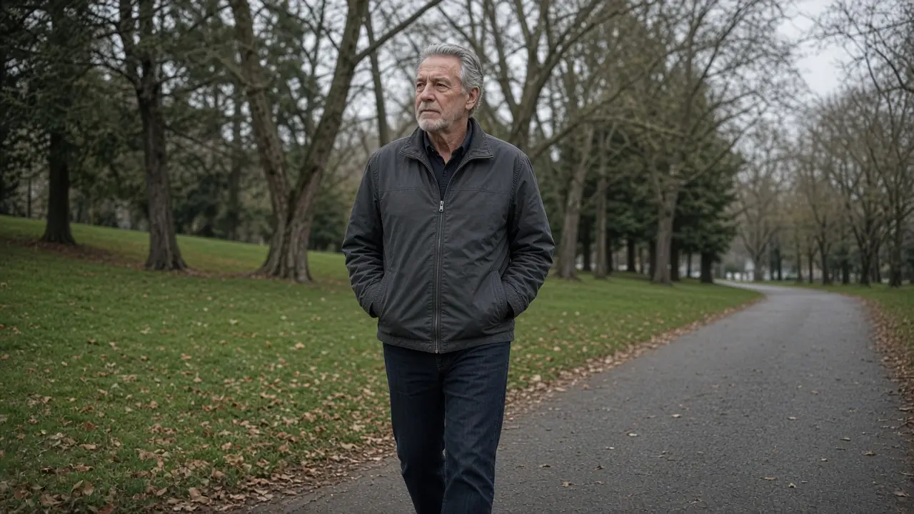 A man about 72 walks a park path in dark jeans and a jacket.