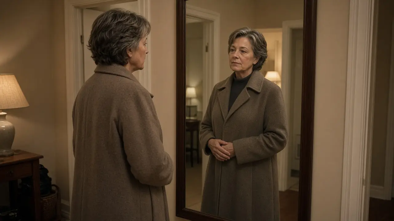 A woman about 59 checks a long coat in a hallway mirror.