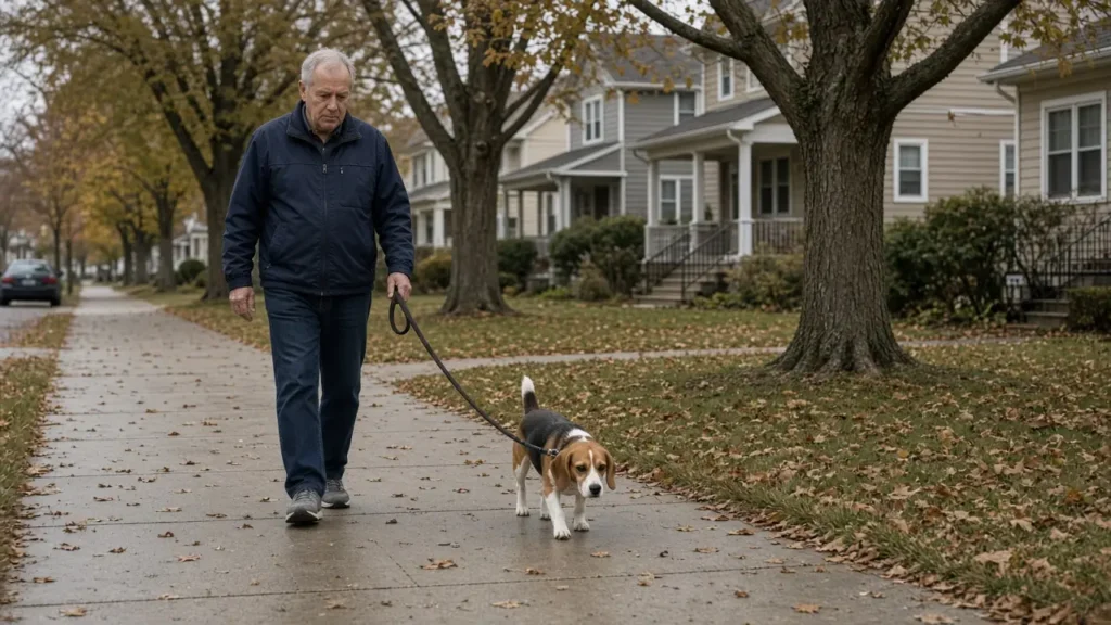 A man about 66 walks a beagle on a quiet suburban sidewalk.