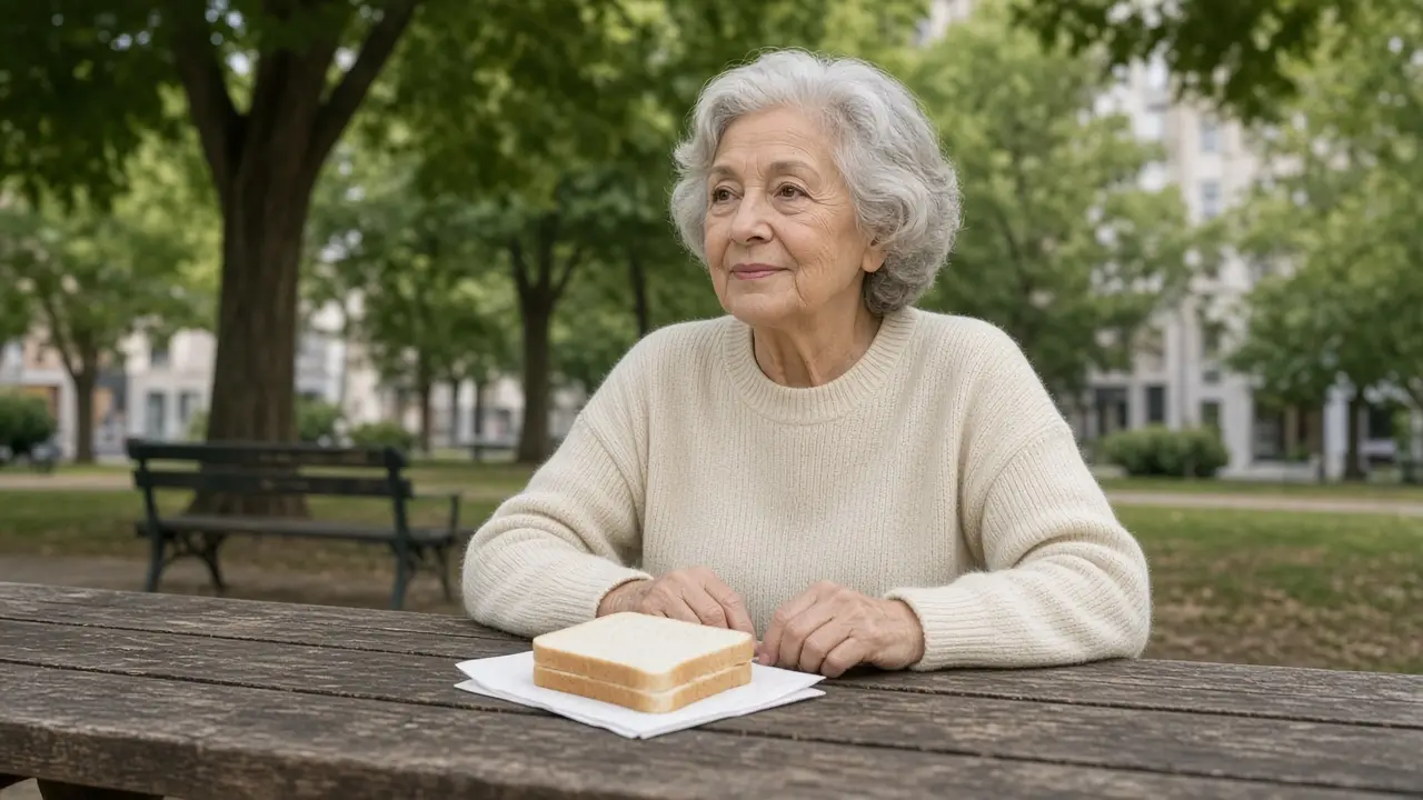 A woman about 74 sits at a park picnic table with a sandwich.