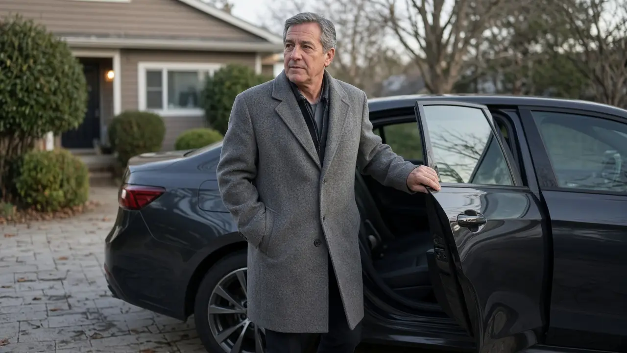 A man about 58 closes the door of a parked sedan in a driveway.