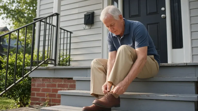 A man in his late sixties ties his shoe while sitting on a front step.
