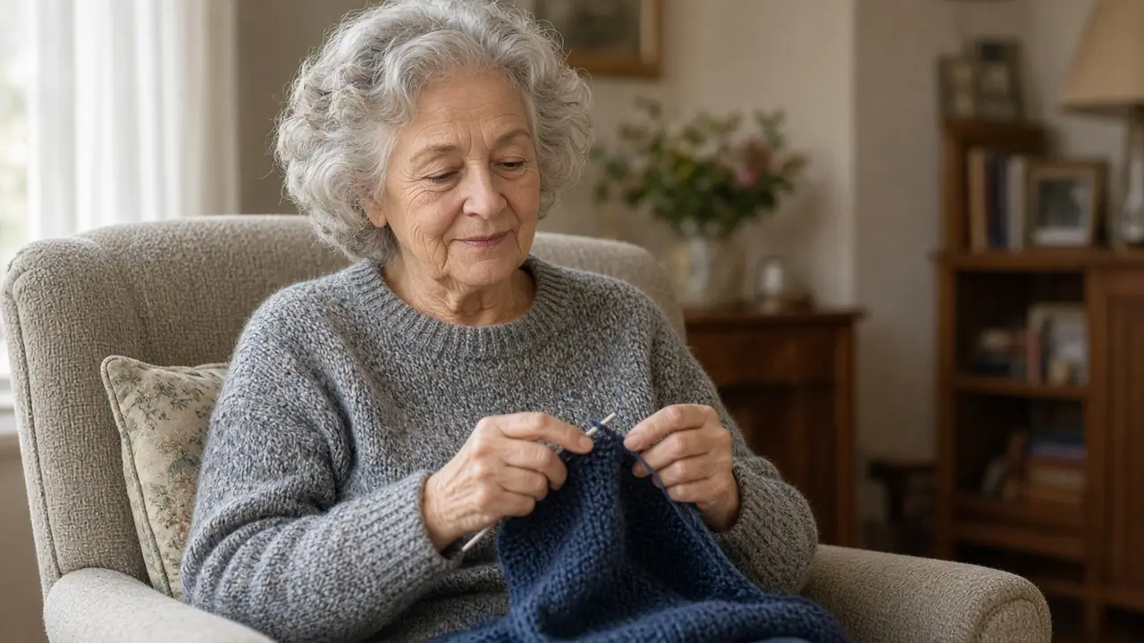 A woman about seventy-two knits in a living-room chair in the afternoon.