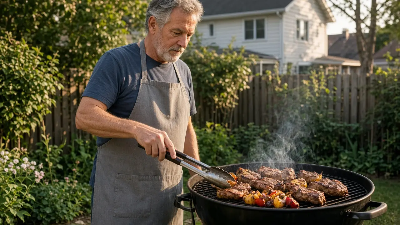 A man in his early sixties stands at a backyard grill in a plain apron.
