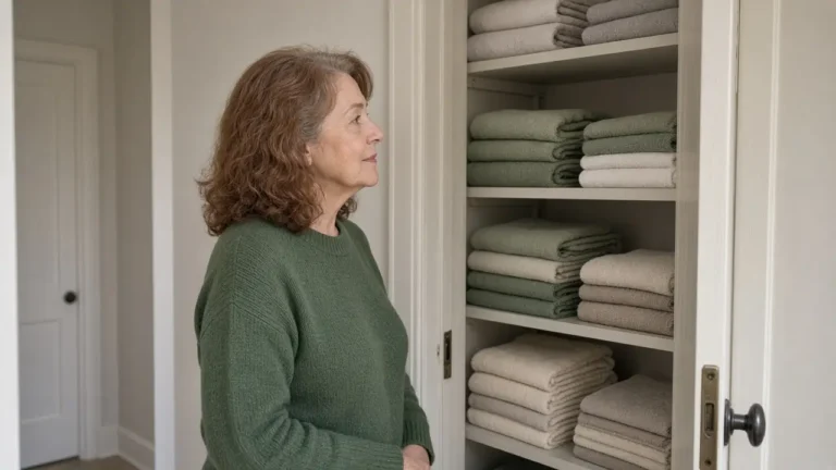 A woman in a green sweater looks through folded towels in a hallway closet.