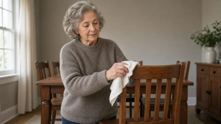 A woman about 67 rubs a wooden dining chair with a plain cloth.