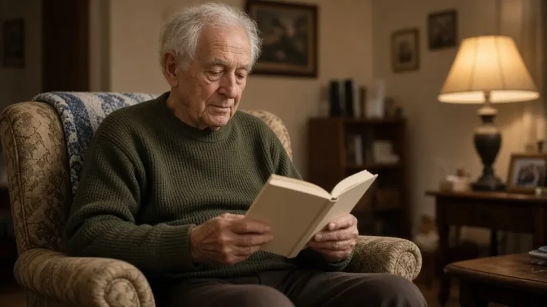 A man about 74 reads a paperback in an armchair.