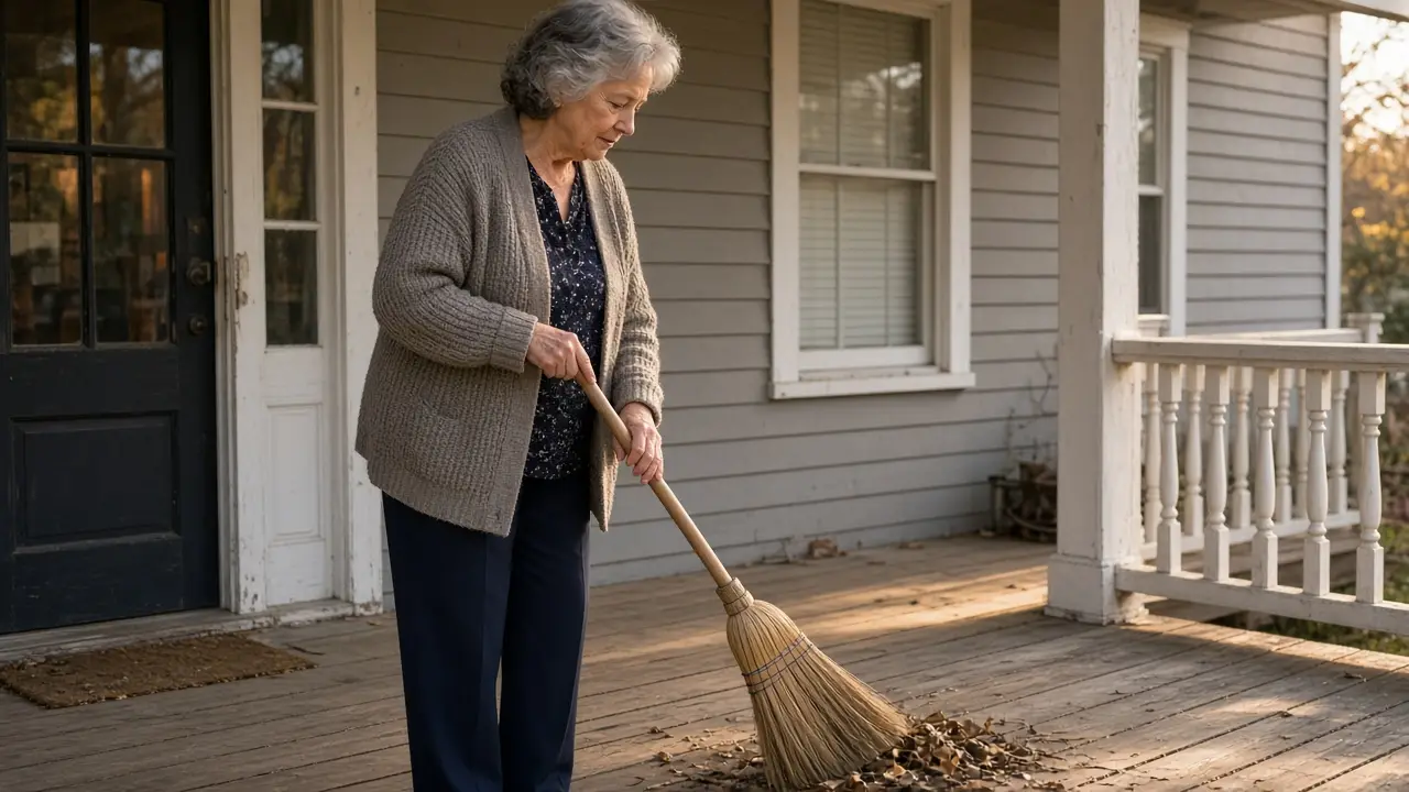 A woman about 66 sweeps a front porch.